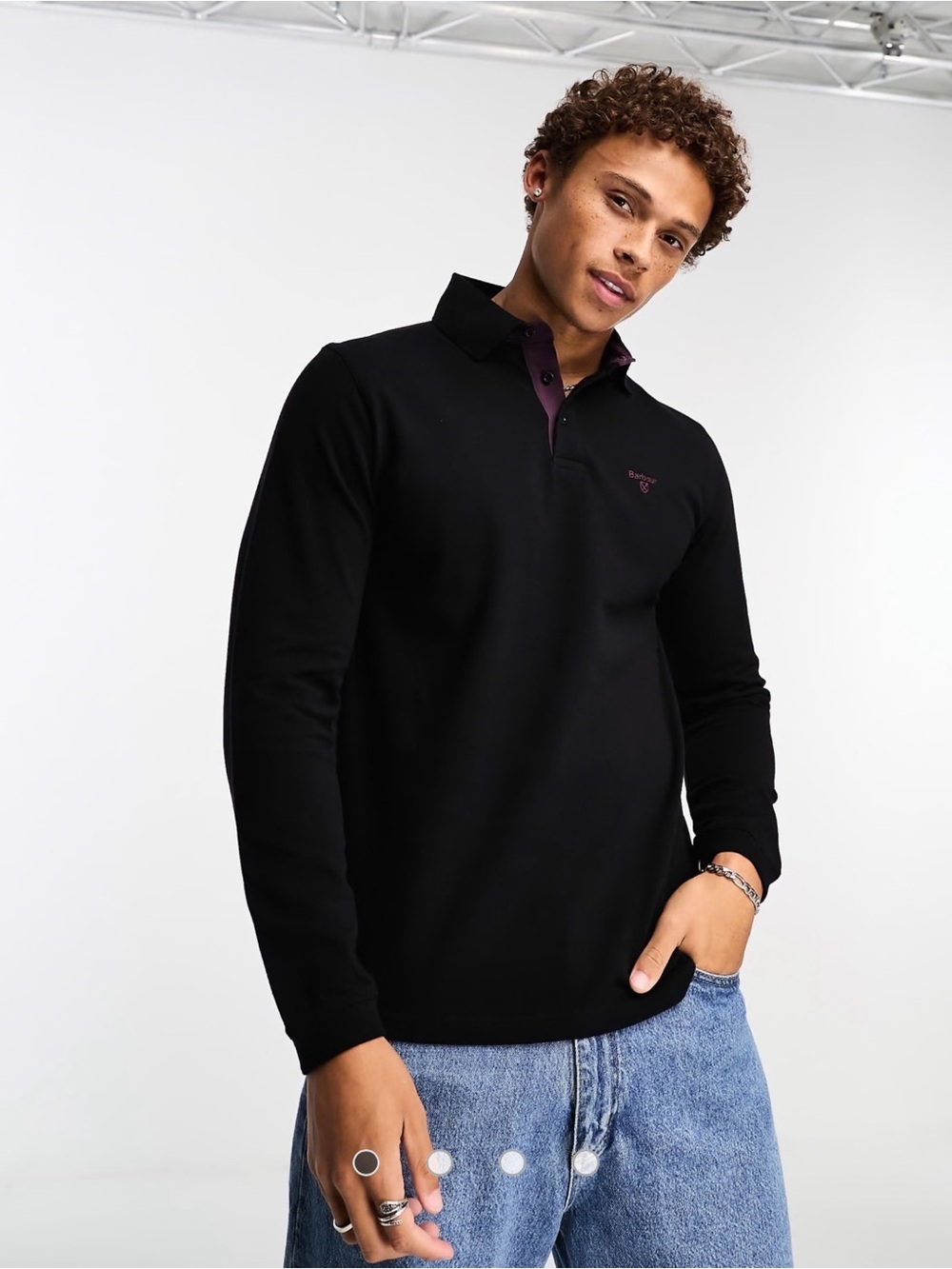 Barbour Black Long-Sleeve Polo with Contrast Plum Placket